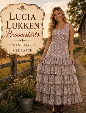 Vintage dress Tiered Lucia Lukken Broomskirt Dress Size Large Taupe Floral